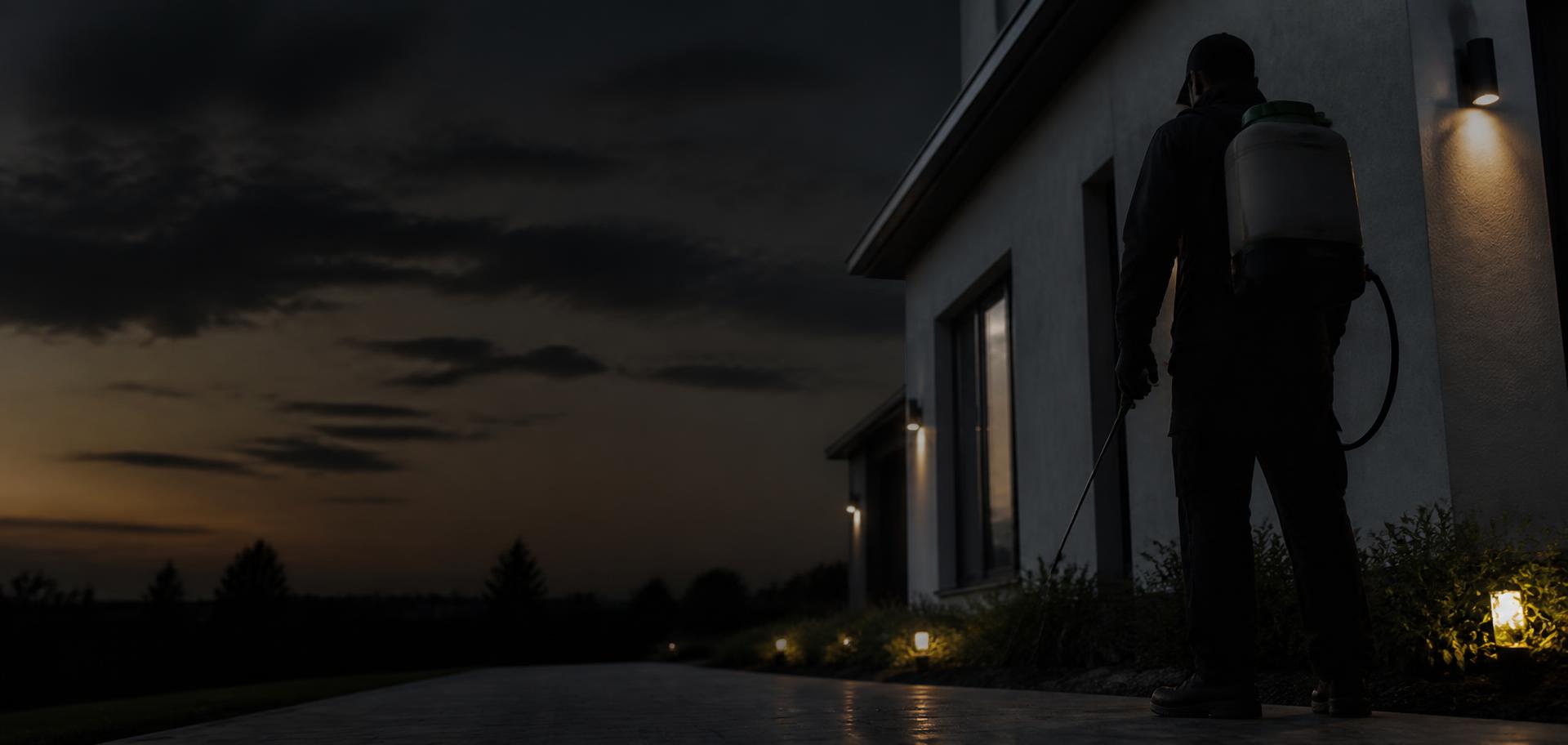 Pest control technician treating a home at dusk
